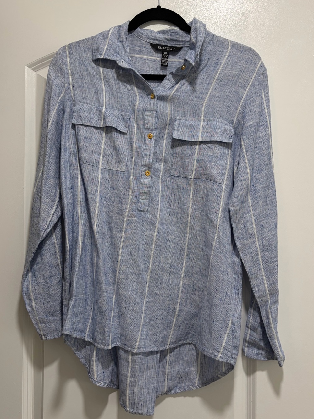 Ellen Tracy Linen Striped Roll Tab Sleeve Tunic Top Blue White Size M.